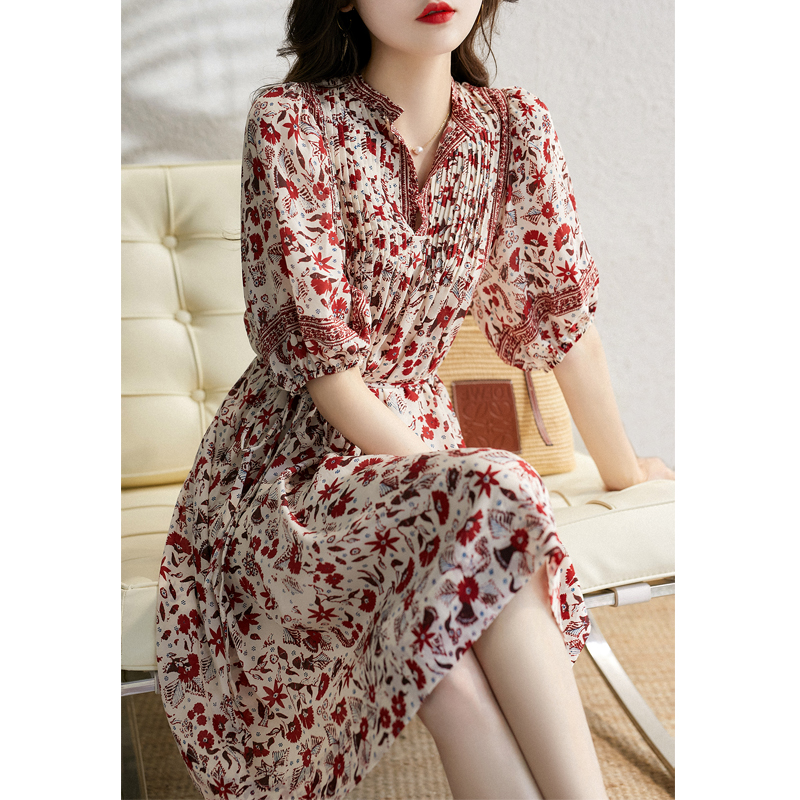 剪标折扣清仓专柜正品大牌反季女装夏季碎花真丝桑蚕丝连衣裙高档