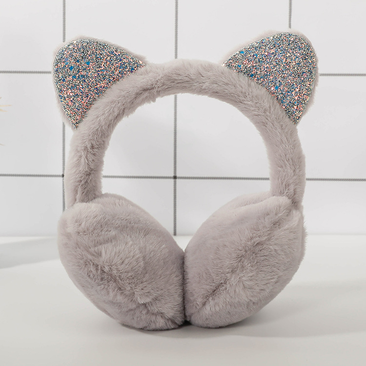 创意韩版耳罩保暖冬季耳套亮片猫耳朵毛绒耳套护耳獭兔毛儿童耳罩