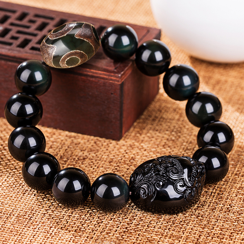 有求必应天然冰种黑曜石貔貅手串批发彩眼男女款本命年送礼手链