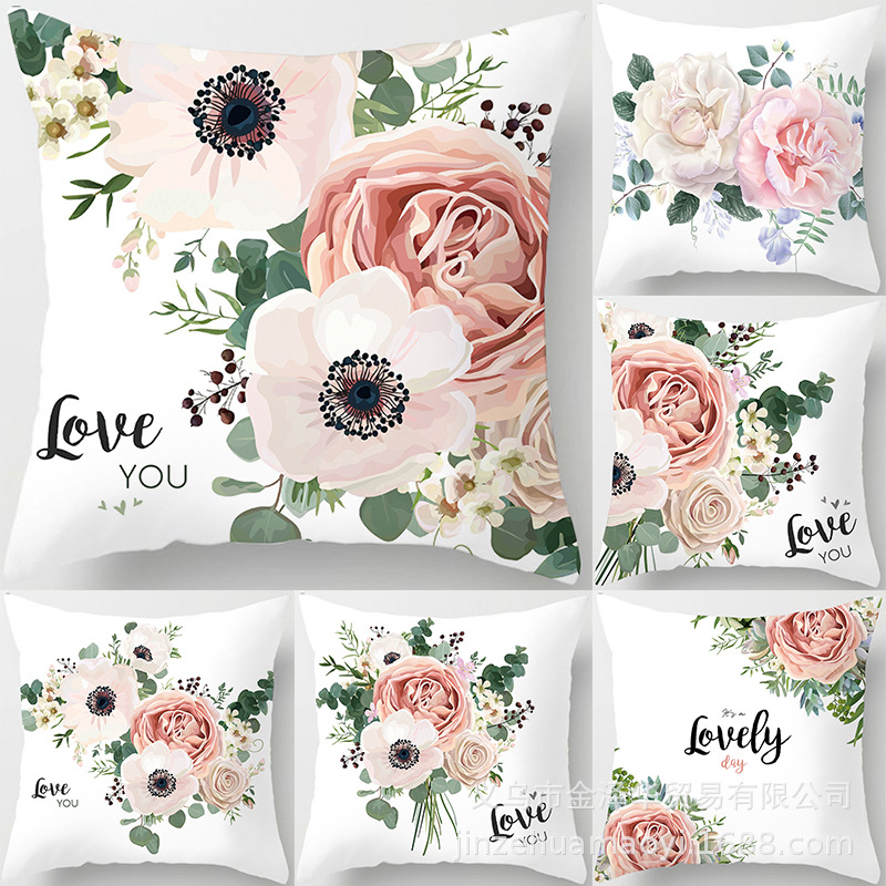 情人节抱枕套礼品love玫瑰鲜花沙发靠垫桃皮绒枕套shopee跨境家居