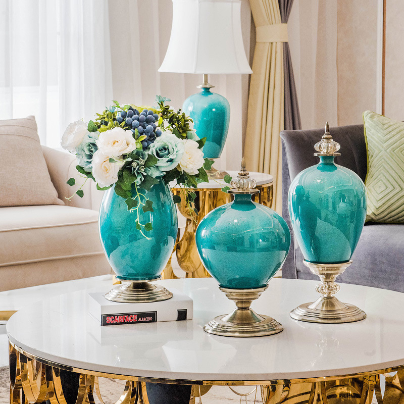欧式家居摆件客厅个性创意装饰工艺品餐桌插花绿色陶瓷花瓶摆件