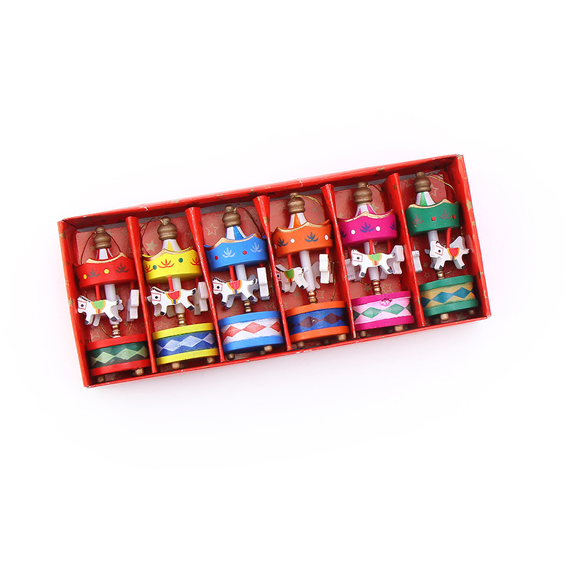Creative Gift Small Pendant Wooden Colorful Pavilion Horse Christmas Souvenir Mini Carousel Home Decorations