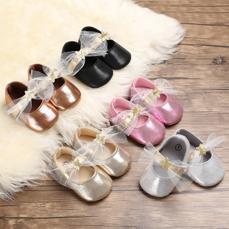 婴儿公主鞋0-1岁baby shoer蕾丝星星PU软底女宝宝学步鞋 一件代发