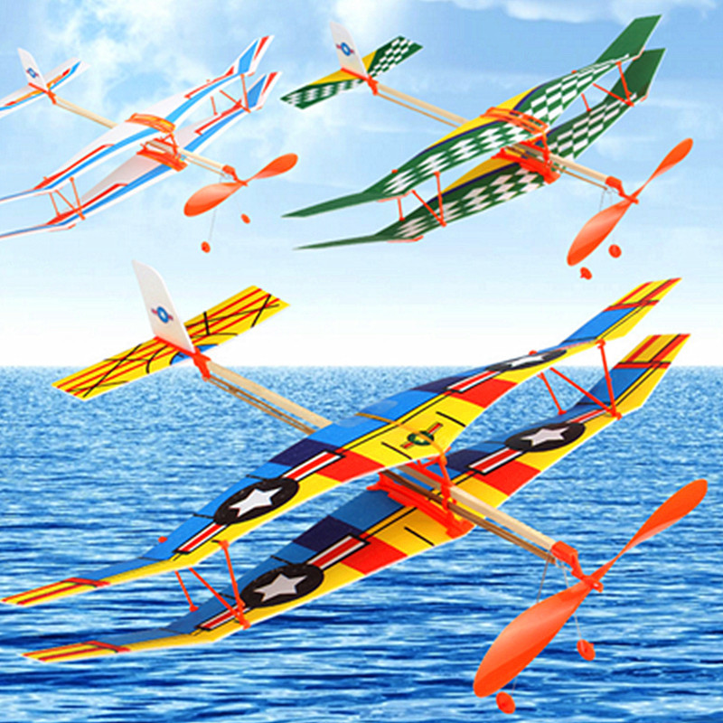 橡皮筋动力双翼滑翔飞机 雷鸟橡皮筋动力飞机 直升机模型diy拼装