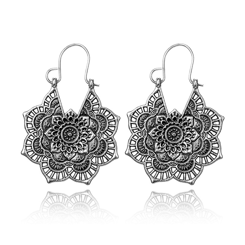 european and american foreign trade ornament retro ethnic style metal hollow flower flower earrings bohemian carved earrings