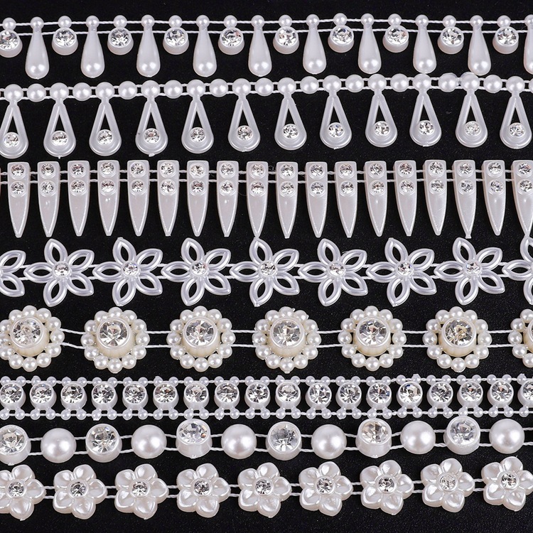 半圆珍珠双线连线珠 双排连线珠婚纱珠链 ABS珠链带钻diy饰品配件