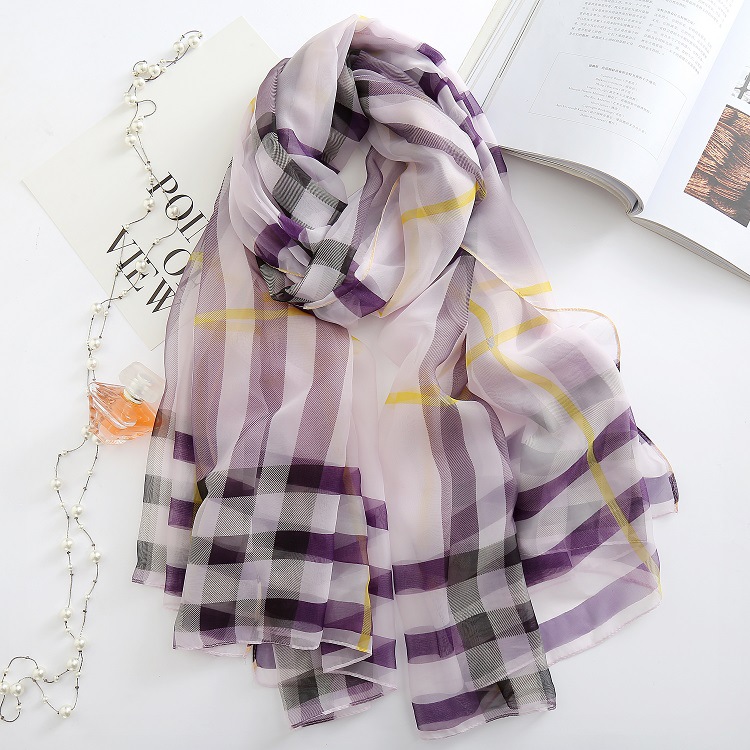 Spring and Summer New Plaid Printed Silk Scarf Women's Thin Beach Scarf European and American Long Shawl Hangzhou Silk