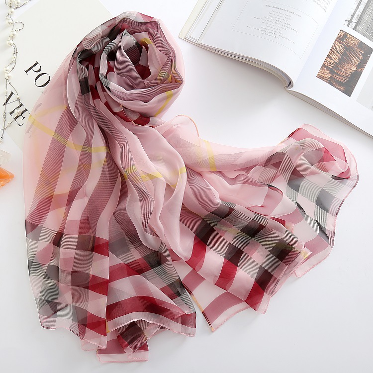 Spring and Summer New Plaid Printed Silk Scarf Women's Thin Beach Scarf European and American Long Shawl Hangzhou Silk