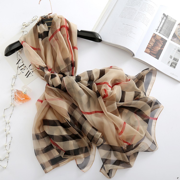 Spring and Summer New Plaid Printed Silk Scarf Women's Thin Beach Scarf European and American Long Shawl Hangzhou Silk