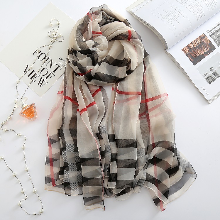 Spring and Summer New Plaid Printed Silk Scarf Women's Thin Beach Scarf European and American Long Shawl Hangzhou Silk