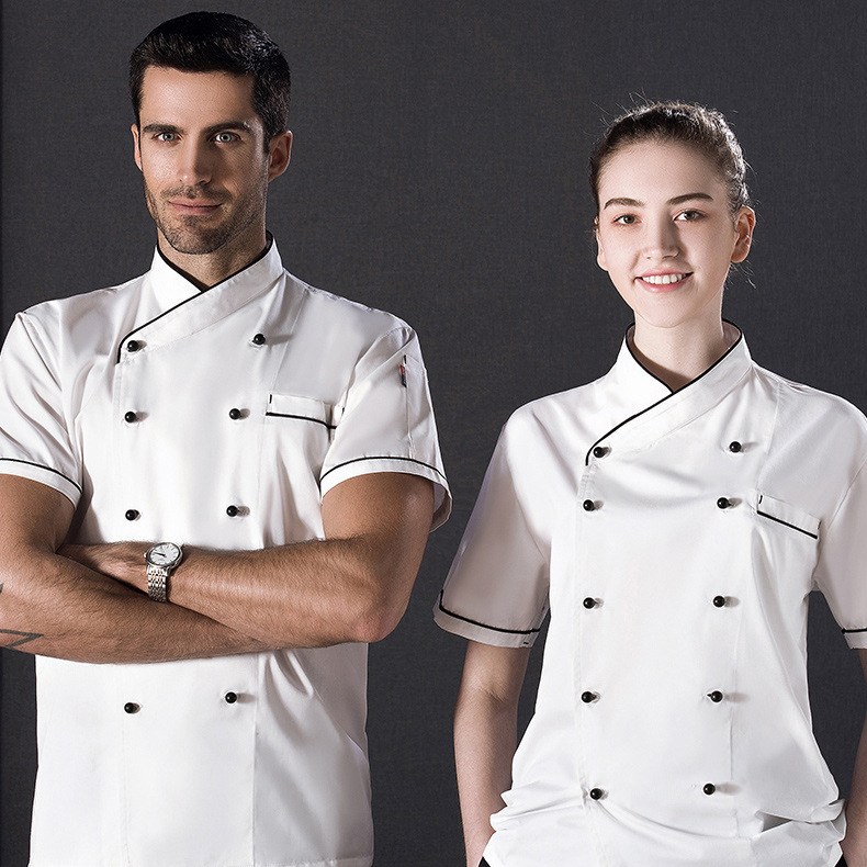 夏季外贸厨师服短袖工作服双排扣大褂工装男女餐厅厨房职业装批发