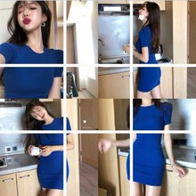 夏装韩版chic修身显瘦复古性感包臀裙连衣裙短裙女Q316光版蓝