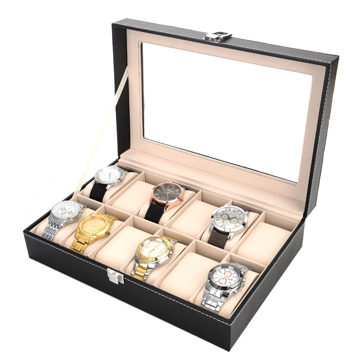 Cross-Border PU Leather Watch Storage Box 6-Bit 12-Bit Large Capacity Watch Box Transparent Sunroof Watch Box