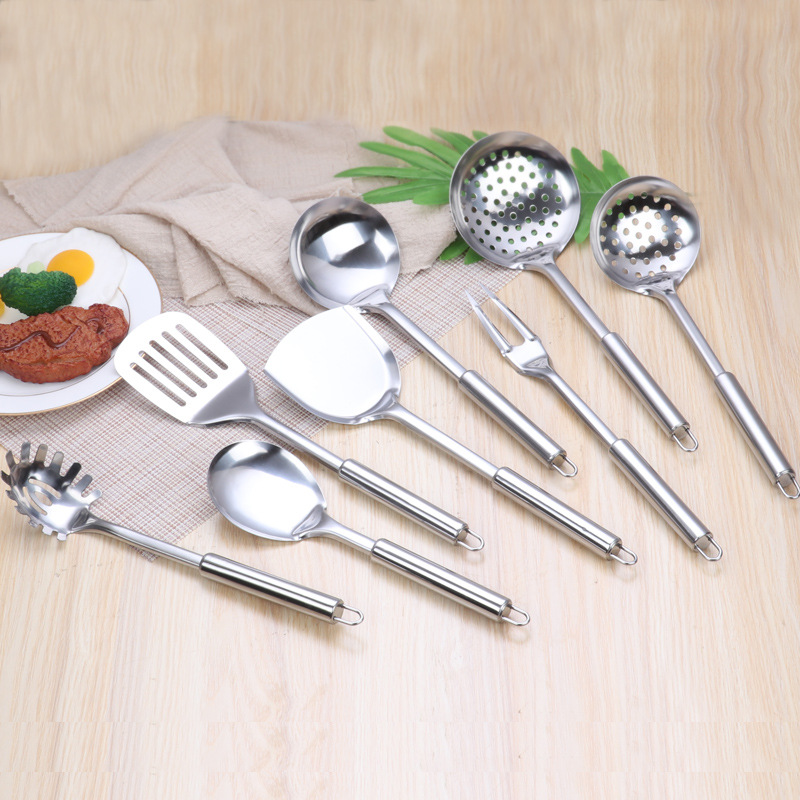 不锈钢烹饪勺铲 家用锅铲加厚圆管柄厨具 厨房用具八件套厂家批发
