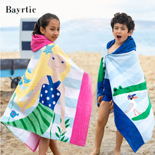 亚马逊沙滩巾欧美风情无甲醛儿童可穿浴巾纯棉连帽披风加长76cm
