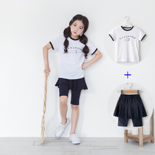 童套装2019夏季韩版新款白色印花上衣和假两件打的短裤女童运动装
