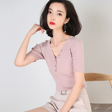 2024夏季韩版女装坑条纯色针织T恤纯色心机短袖针织衫女上衣