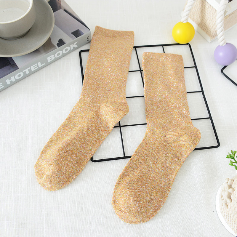 Korean Women's Socks Spring Summer Japanese Gold and Silver Silk Socks Women's Solid Color Thin Breathable Female Middle Tube Socks Wholesale