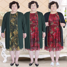 中老年女装时尚宽松连衣裙+外套胖妈妈200斤大码两件套装时尚新