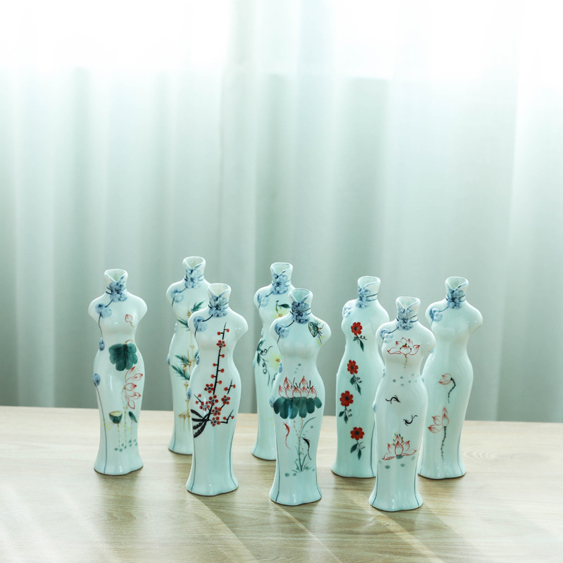 欧艺新品   陶瓷花瓶 手绘青花美人旗袍 精致家居装饰陶瓷工艺品