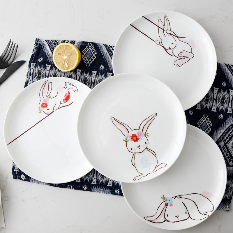 创意兔子陶瓷早餐盘甜品蛋糕盘 骨瓷八寸圆盘可爱盘子可定图案