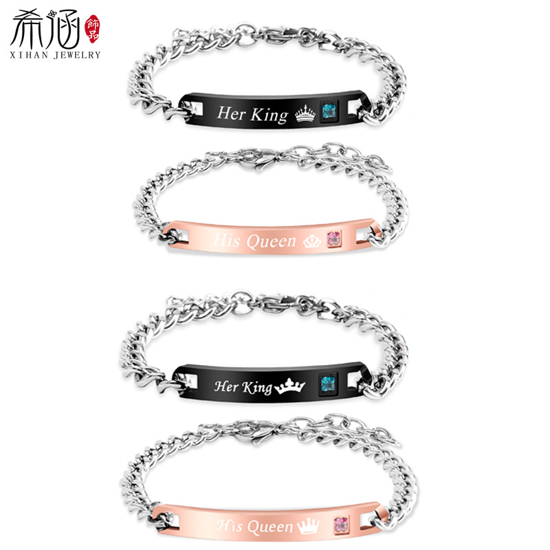 European and American Couple Titanium Steel Stainless Steel Real Zircon Kingqueen Couple Crown Bracelet Bracelet Factory Spot