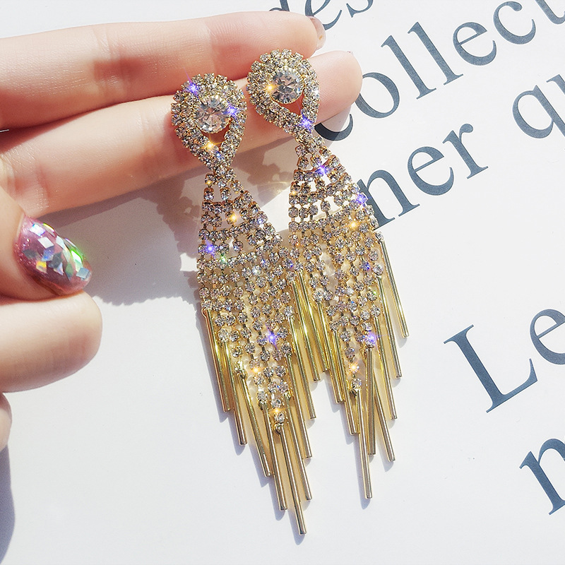 European and American Fashion Splendid Diamond Tassel Earrings Female Temperament Socialite Long Earrings Online Influencer Earrings Face Slimming Earrings