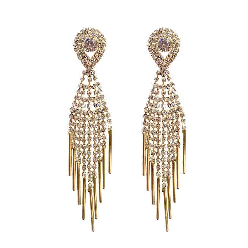 European and American Fashion Splendid Diamond Tassel Earrings Female Temperament Socialite Long Earrings Online Influencer Earrings Face Slimming Earrings