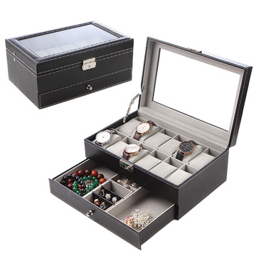 现货批发双层pu首饰盒手表收纳盒黑色饰品收纳盒咖啡色多功能首饰