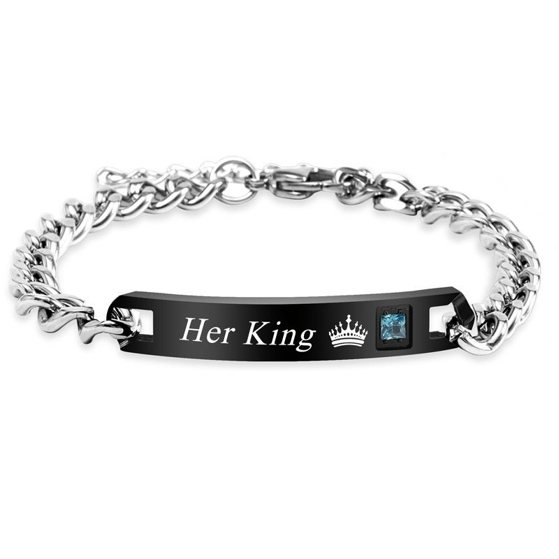 European and American Couple Titanium Steel Stainless Steel Real Zircon Kingqueen Couple Crown Bracelet Bracelet Factory Spot