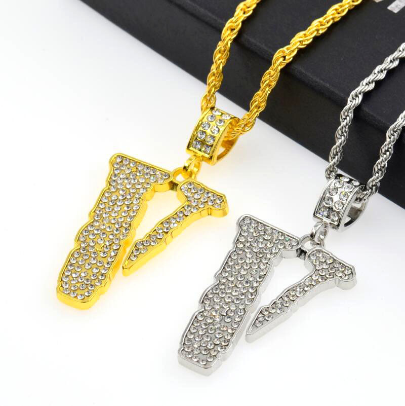 ebay新款潮牌嘻哈男士吊坠 时尚满钻v字项链跨境饰品k1177-阿里巴巴