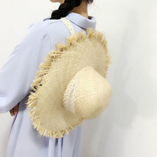 韩国个性蕾丝绑带毛边大檐草帽百搭遮阳帽女度假沙滩帽夏天潮
