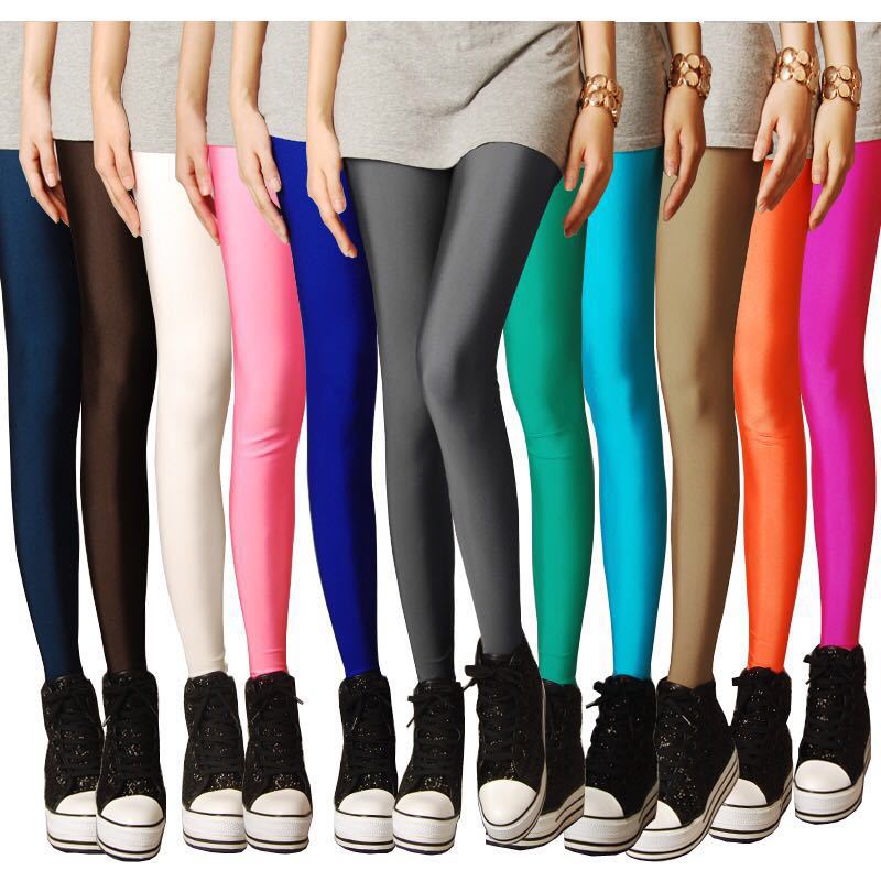 Spring and Summer Shiny Pants Leggings Thin Women's High Waist Outer Wear Slim Fit Skinny Ninth plus Size Women's Trousers Fluorescent Pants