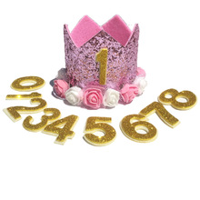 欧美新款生日皇冠数字宝宝周岁生日帽子派对用品装饰闪亮花朵皇冠