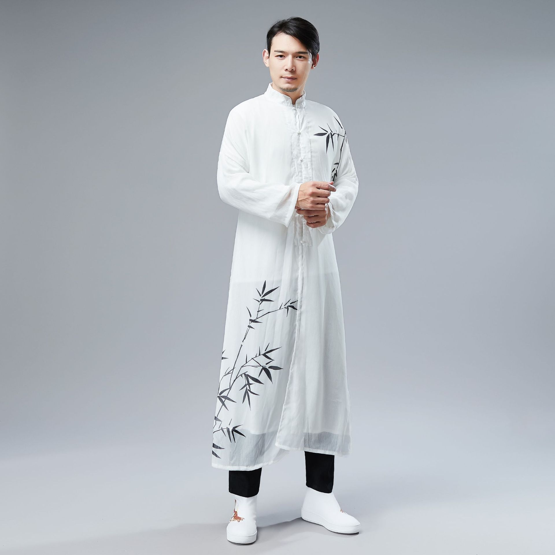 夏季新款唐装复古中式男装雪纺长衫修身款防shai衣中国风长袍马褂