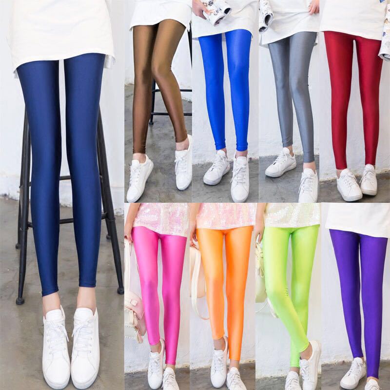 Spring and Summer Shiny Pants Leggings Thin Women's High Waist Outer Wear Slim Fit Skinny Ninth plus Size Women's Trousers Fluorescent Pants