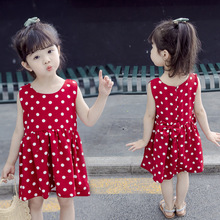 童裙批发2024年夏季童裙中小童装混纺清凉圆点小红裙女童连衣裙