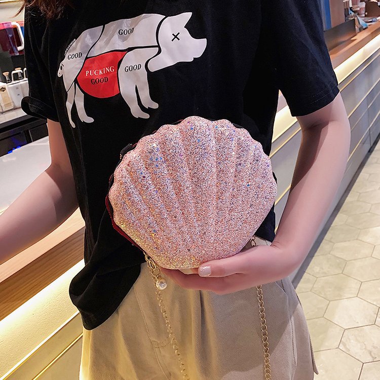 定型小包包女2023新款化妆贝壳包韩版亮片女包时尚链条单肩斜挎包