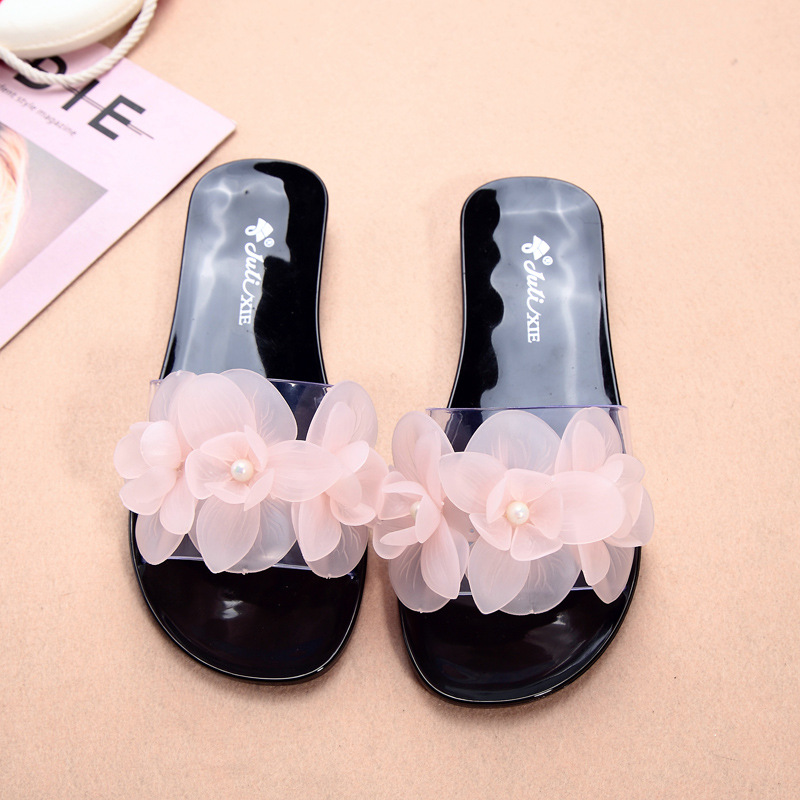 New Summer Korean Style Flower Crystal Jelly Sandals Fashion Flat Transparent Outdoor Non-Slip Beach Flip-Flops
