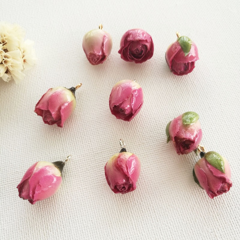手工滴胶桃红玫瑰花半成品diy耳环配件真干花吊坠项链耳饰品材料