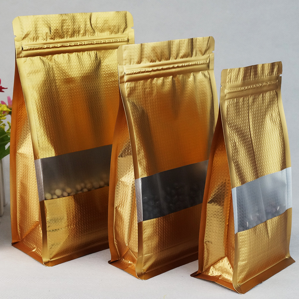 现货八边封磨砂金色压纹开窗镀铝自封袋铝箔袋坚果袋现货供应