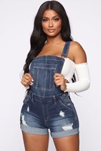 2019欧美弹力破洞背带牛仔短裤连体衣Denim Jumpsuits