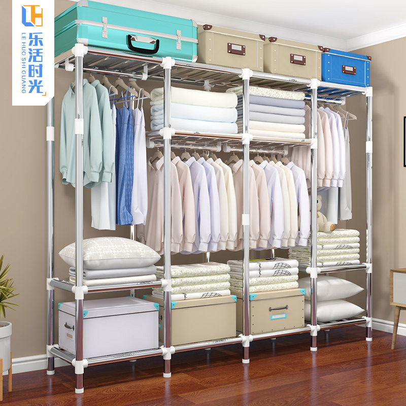 Wardrobe Simple Cloth Wardrobe Thickened Steel Pipe Reinforced Double Wardrobe Assembly Fabric Full Steel Frame Hanger Clothes Cabinet Storage