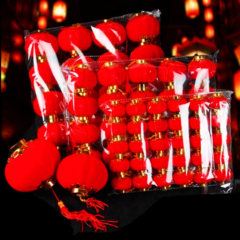 Wholesale Flocking Ball Small Red Lantern Flocking Lantern Bonsai Ornaments Wedding Small Bell Pepper New Year Decoration Chinese New Year Decoration