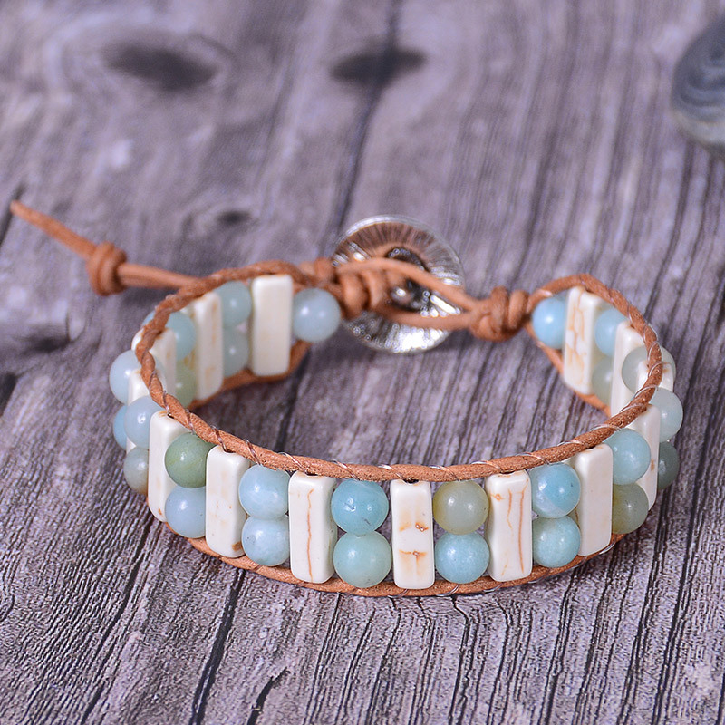 跨境新品 复古皮绳串珠编织手链 亚马逊石帝皇石多层珠子缠绕手链