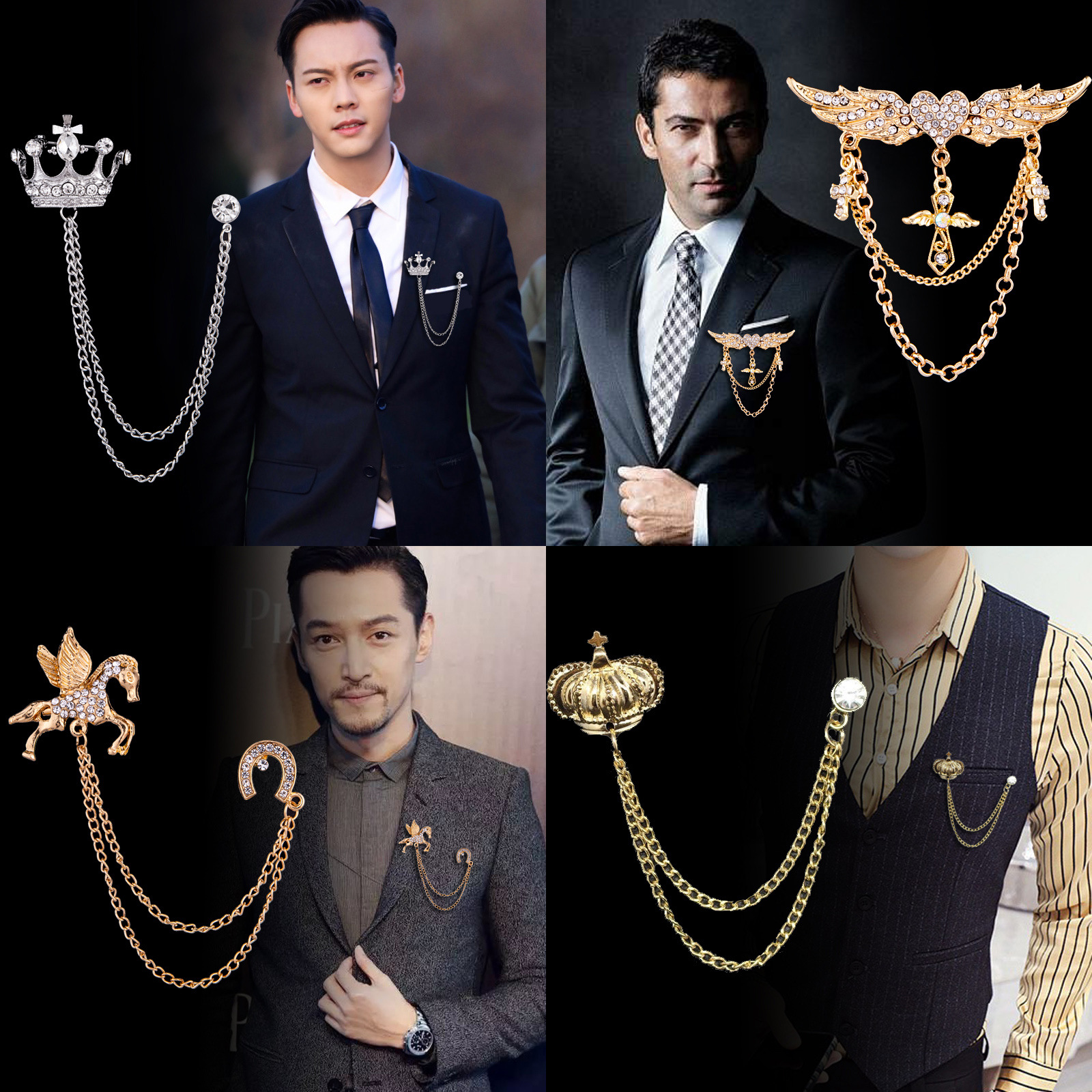 korean style men‘s british style crown brooch cross suit chain pin badge vintage female corsage accessories