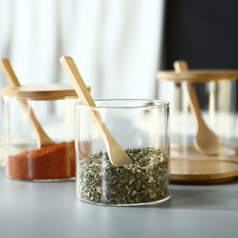 Salt and Sugar Seasoning Glass Seasoning Bottle round Storage Tank with Spoon Japanese Glass Bamboo Wood Cover Seasoning Containers Combination Suit