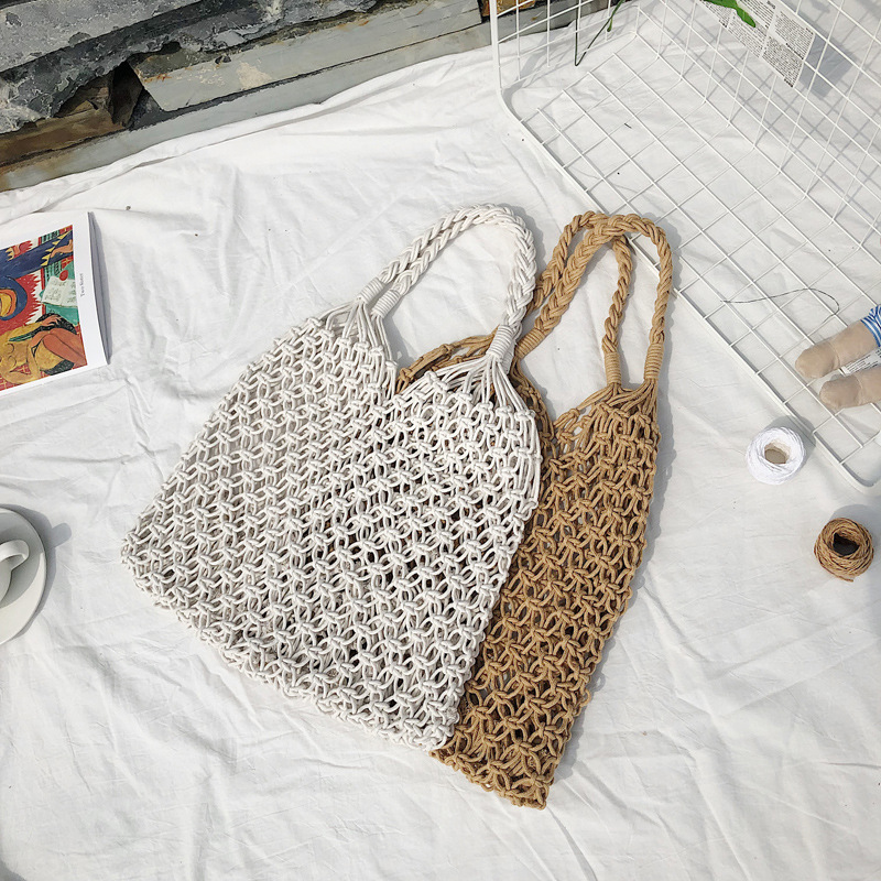 hand-woven bag cotton string bag hollow woven bag net bag handmade cotton string straw bag vacation beach bag net pocket