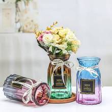 欧式创意玻璃花瓶透明彩色竖棱水培工艺玻璃花瓶客厅装饰插花摆件