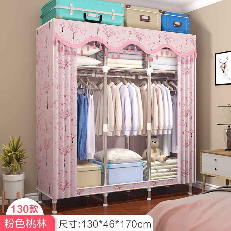 Wardrobe Simple Cloth Wardrobe Thickened Steel Pipe Reinforced Double Wardrobe Assembly Fabric Full Steel Frame Hanger Clothes Cabinet Storage